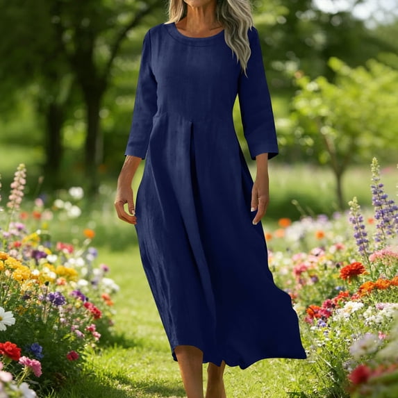Guieoi Summer Dresses for Women under $10 Plus Size Cotton-Linen Loose-Fit Pocketed 3/4-Sleeve Maxi Dress Blue S