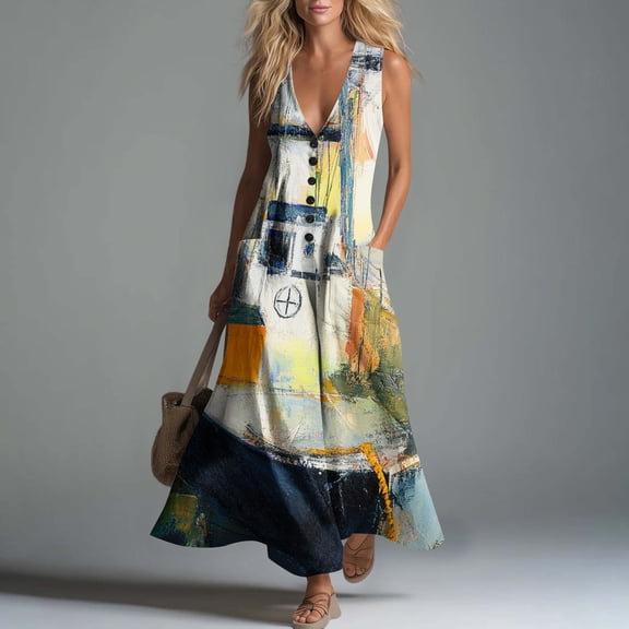 Guieoi Summer Dresses for Women under $10 Plus Size Flowy Button-Front Cotton-Linen Loose-Fit Sleeveless Printed Maxi Dress Multicolor XL