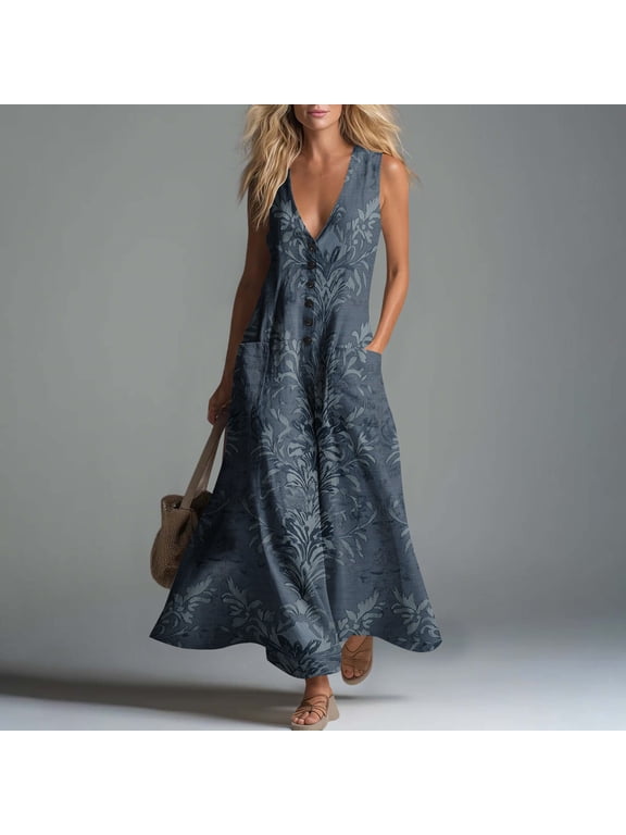 Summer Dresses for Women under $10 Plus Size Flowy Button-Front Cotton-Linen Loose-Fit Sleeveless Printed Maxi Dress Multicolor XXL
