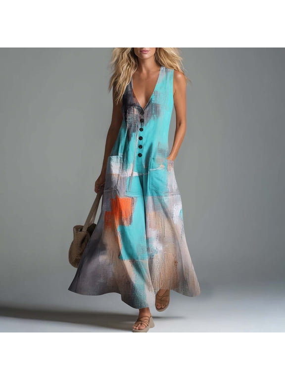 Summer Dresses for Women under $10 Plus Size Flowy Button-Front Cotton-Linen Loose-Fit Sleeveless Printed Maxi Dress Multicolor