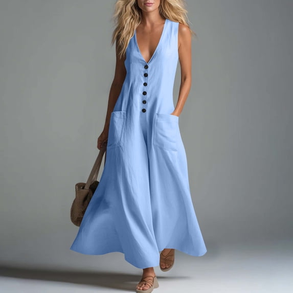 Guieoi Summer Dresses for Women under $10 Plus Size Flowy Button-Front Linen-Cotton Loose-Fit Sleeveless Long Dress with Pockets Blue L
