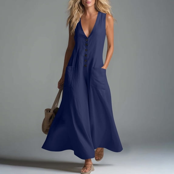 Guieoi Summer Dresses for Women under $10 Plus Size Flowy Button-Front Linen-Cotton Loose-Fit Sleeveless Long Dress with Pockets Blue M
