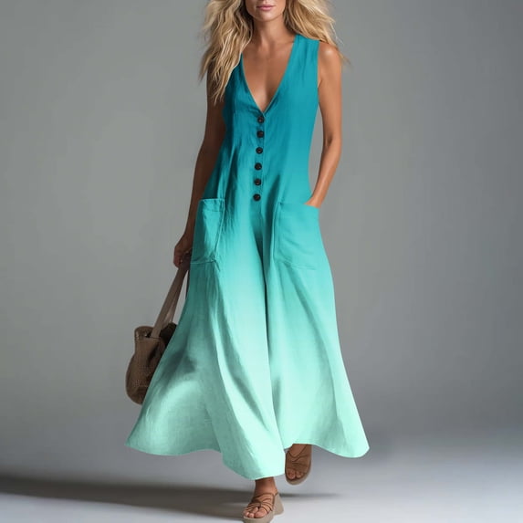 Guieoi Summer Dresses for Women under $10 Plus Size Flowy Buttoned Cotton-Linen Loose Pocket Sleeveless Printed Gradient Maxi Dress Green XXL