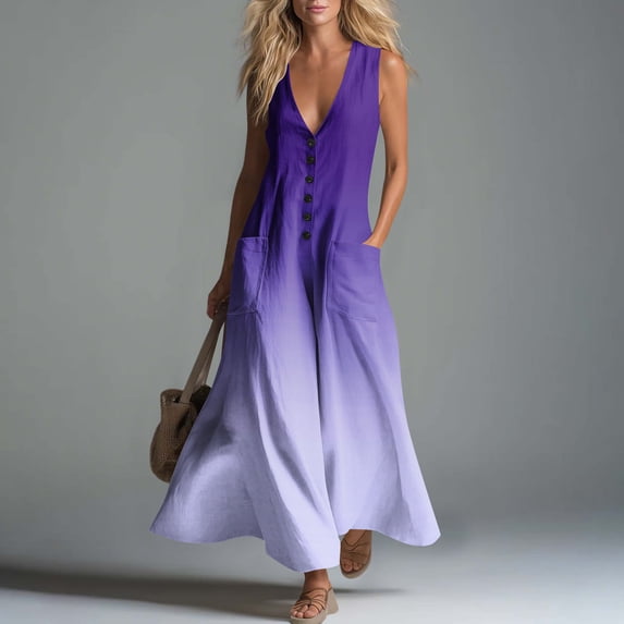 Guieoi Summer Dresses for Women under $10 Plus Size Flowy Buttoned Cotton-Linen Loose Pocket Sleeveless Printed Gradient Maxi Dress Purple M