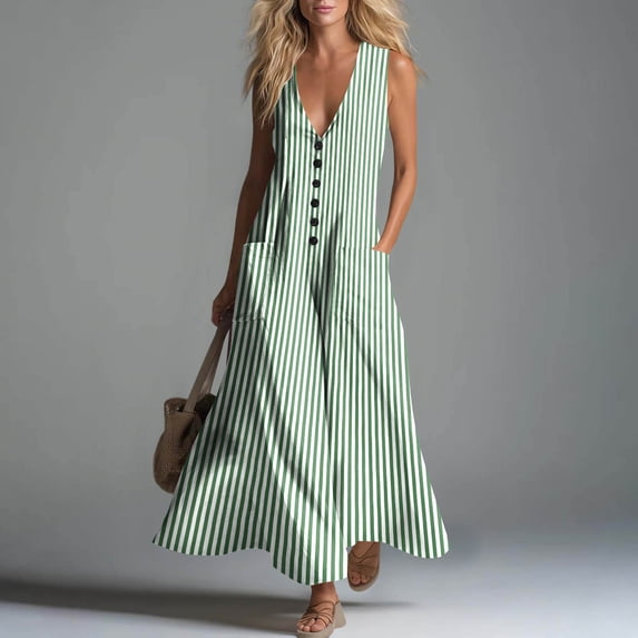 Guieoi Summer Dresses for Women under $10 Plus Size Flowy Buttoned Cotton-Linen Loose Pocket Sleeveless Printed Striped Maxi Dress Green L