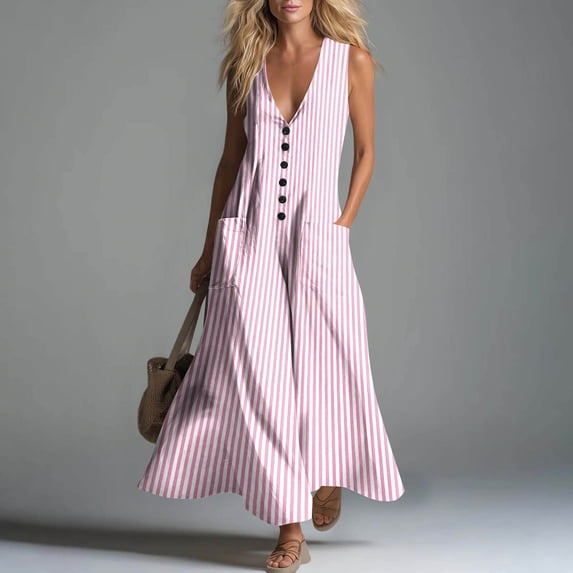 Guieoi Summer Dresses for Women under $10 Plus Size Flowy Buttoned Cotton-Linen Loose Pocket Sleeveless Printed Striped Maxi Dress Pink XXL