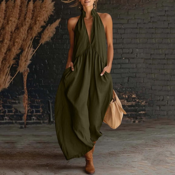 Guieoi Summer Dresses for Women under $10 Plus Size Flowy Cotton-Linen Halter Neck Pocket Pleated Backless Maxi Dress Green S