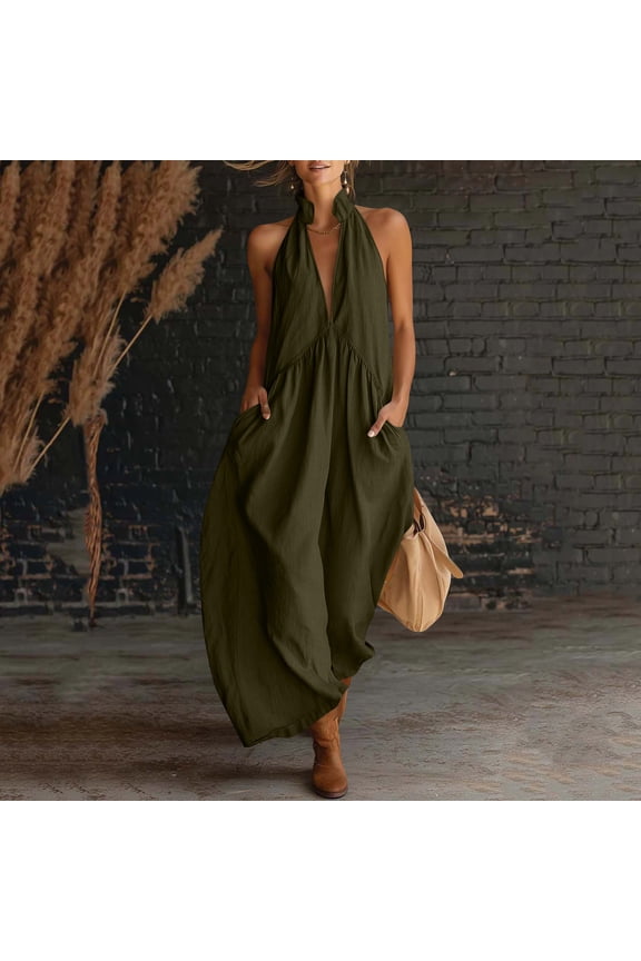 Summer Dresses for Women under $10 Plus Size Flowy Cotton-Linen Halter Neck Pocket Pleated Backless Maxi Dress Green S