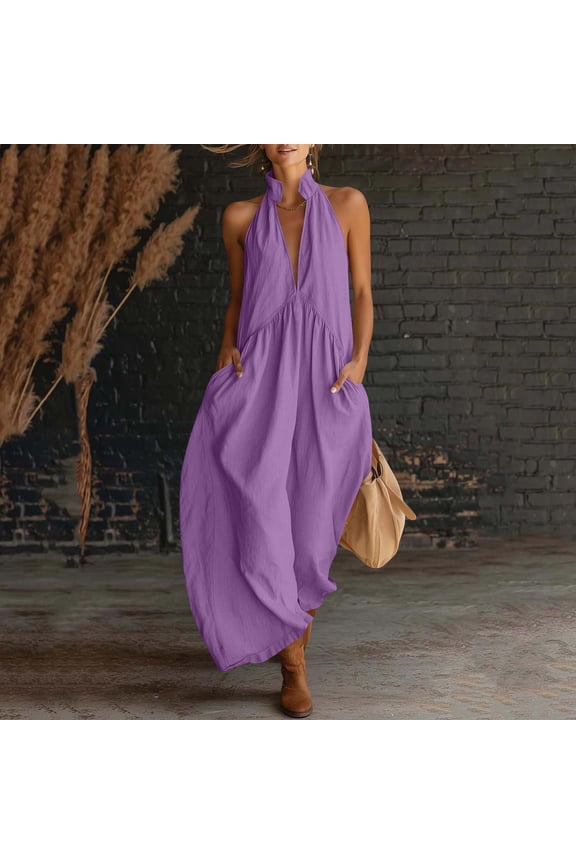 Summer Dresses for Women under $10 Plus Size Flowy Cotton-Linen Halter Neck Pocket Pleated Backless Maxi Dress Purple L