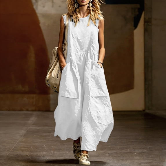 Guieoi Summer Dresses for Women under $10 Plus Size Flowy Solid-Color V-Neck Sleeveless Dress with Pockets White L