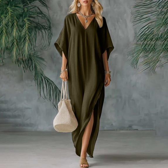 Guieoi Summer Dresses for Women under $10 Plus Size Linen-Cotton Loose-Fit Short-Sleeve Long Dress Green XXL