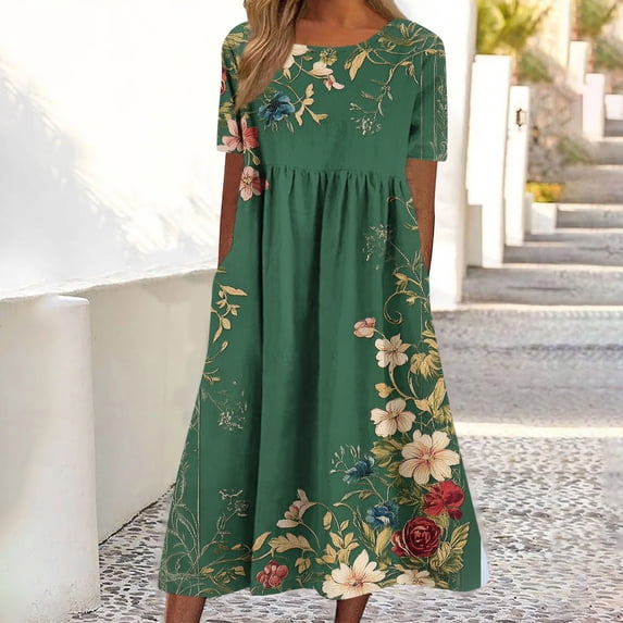 Guieoi Summer Dresses for Women under $10 Plus Size Summer Casual Floral Print Short-Sleeve Round-Neck Knee-Length Dress Multicolor XXL