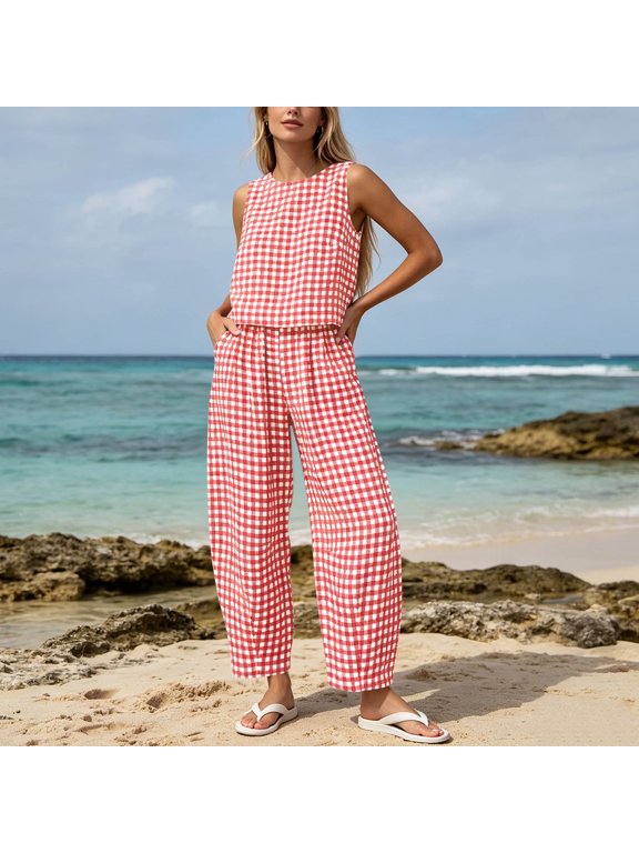 Summer Sleeveless Top and Pants Set Checkered Tank Top+Pants with Stretch Waist and Pockets 2-Piece Set Pink XXL