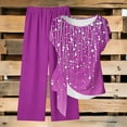 thumbnail image 1 of Guieoi Summer Two-Piece Outfit Loose-Fit Print Trousers with Tie-Waist Short-Sleeve Round-Neck Top Casual Matching Set Purple S, 1 of 5