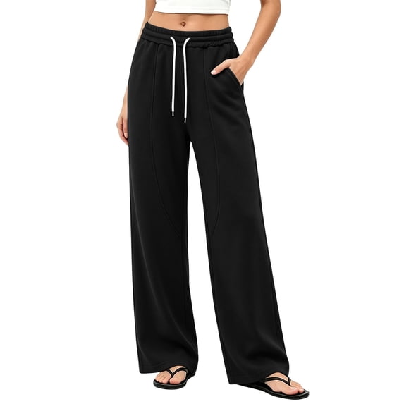 Guieoi Sweatpants for Women Straight-Leg Loose-Fit Elastic-Waist Drawstring Sports Pants with Pockets Trousers Black L