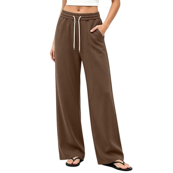 Guieoi Sweatpants for Women Straight-Leg Loose-Fit Elastic-Waist Drawstring Sports Pants with Pockets Trousers Brown L