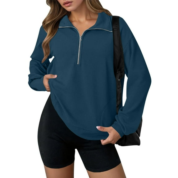 Guieoi Sweatshirts for Women Plus Size Clearance under $10.00 Ladies Long Sleeve Lapel Half Zipper Solid Color Pocket Temperament Top Blue Black*Friday/Cyber*Monday Clearance