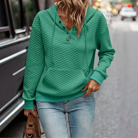 Guieoi Sweatshirts for Women Plus Size under $10.00 Women Casual Loose Solid Color Hooded Button Pocket Drawstring Long Sleeves Tops Green Black*Friday/Cyber*Monday