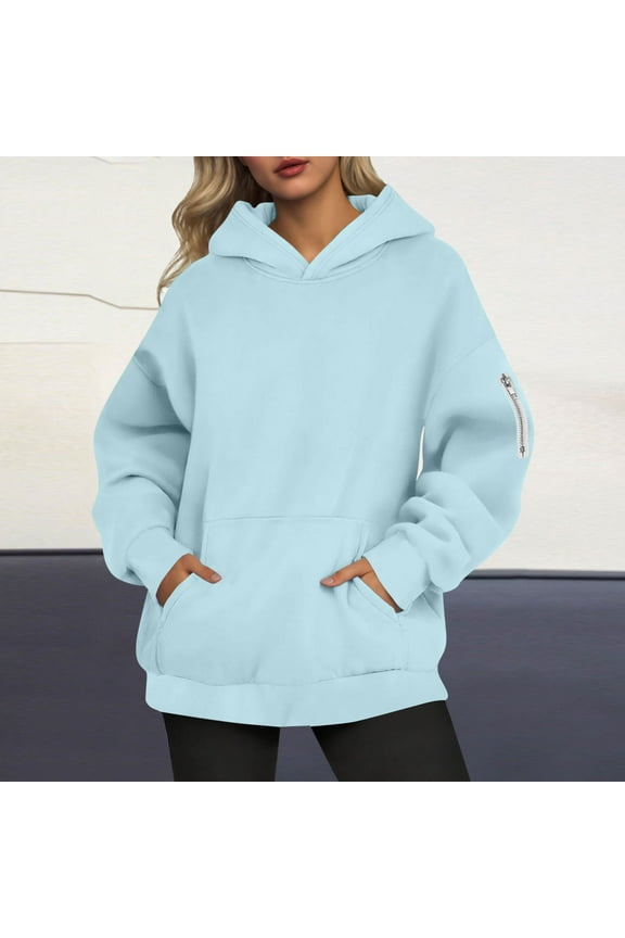 Sweatshirts for Women Plus Size under $10.00 Women's Casual Loose Solid Color Zipper Pocket Long Sleeved Hooded Sweatshirt Top Blue Black*Friday/Cyber*Monday