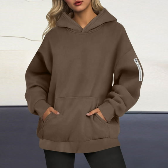 Guieoi Sweatshirts for Women Plus Size Clearance under $10.00 Women's Casual Loose Solid Color Zipper Pocket Long Sleeved Hooded Sweatshirt Top Brown Black*Friday/Cyber*Monday Clearance