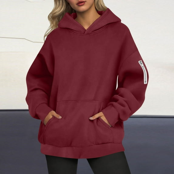 Guieoi Sweatshirts for Women Plus Size under $10.00 Women's Casual Loose Solid Color Zipper Pocket Long Sleeved Hooded Sweatshirt Top Red Black*Friday/Cyber*Monday