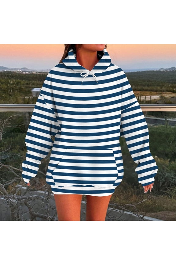 Sweatshirts for Women Plus Size under $10.00 Women's Fashion Casual Ladies Stripe Printed Long Sleeve Tops Blouse Hooded Sweatshirts Blue Black*Friday/Cyber*Monday