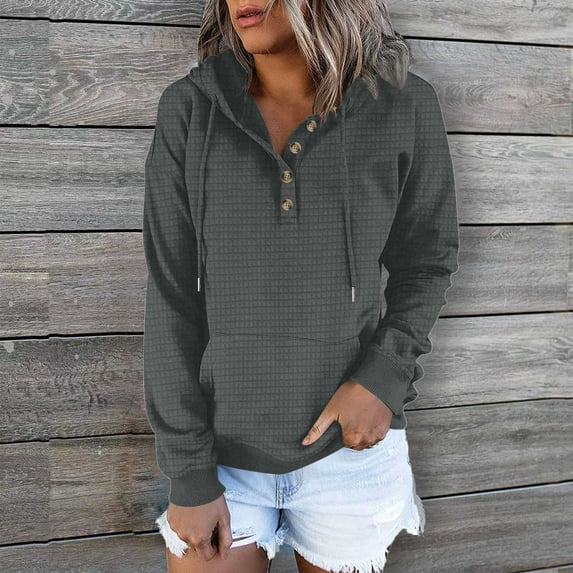 Guieoi Sweatshirts for Women Plus Size under $10.00 Women's Long-Sleeved Loose Casual Hooded Drawstring Pocket Hoodie Hoodie Gray Black*Friday/Cyber*Monday