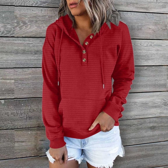 Guieoi Sweatshirts for Women Plus Size under $10.00 Women's Long-Sleeved Loose Casual Hooded Drawstring Pocket Hoodie Hoodie Red Black*Friday/Cyber*Monday