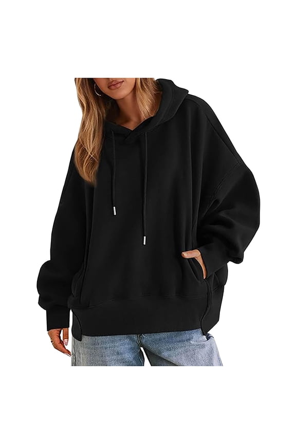 Sweatshirts for Women Plus Size under $10.00 Women's Loose and Casual Colored Irregular Hem Hooded Long-sleeved Sweater Jacket Black Black*Friday/Cyber*Monday