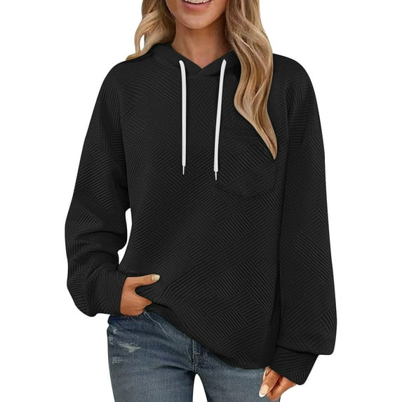 Guieoi Sweatshirts for Women Plus Size under $10.00 Women's Solid Color Drawstring Hooded Warm Pocket Hoodie Top Black Black*Friday/Cyber*Monday