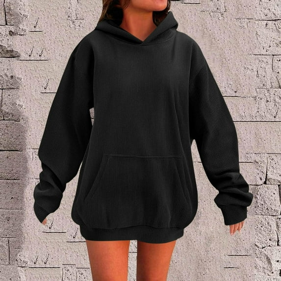 Guieoi Sweatshirts for Women Plus Size under $10.00 Women's Solid Color Hooded Long-sleeved Loose Tops Sweatshirts Hooded Sweatshirts Black Black*Friday/Cyber*Monday