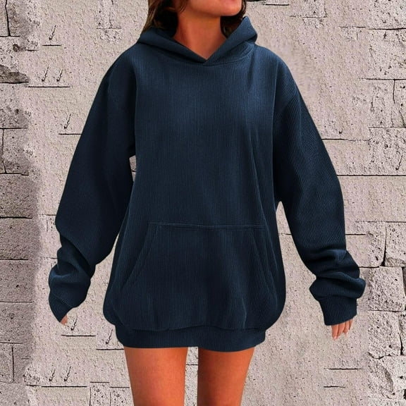 Guieoi Sweatshirts for Women Plus Size under $10.00 Women's Solid Color Hooded Long-sleeved Loose Tops Sweatshirts Hooded Sweatshirts Blue Black*Friday/Cyber*Monday