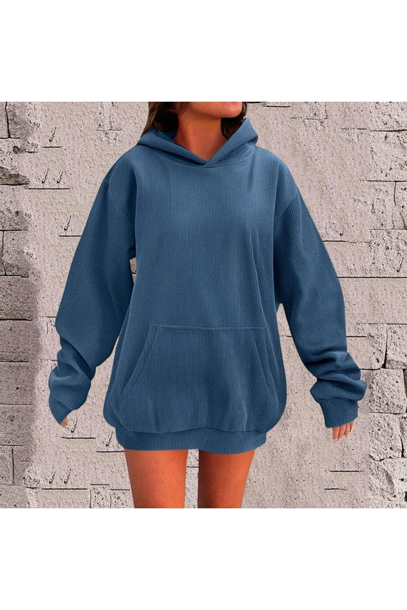Sweatshirts for Women Plus Size under $10.00 Women's Solid Color Hooded Long-sleeved Loose Tops Sweatshirts Hooded Sweatshirts Blue Black*Friday/Cyber*Monday