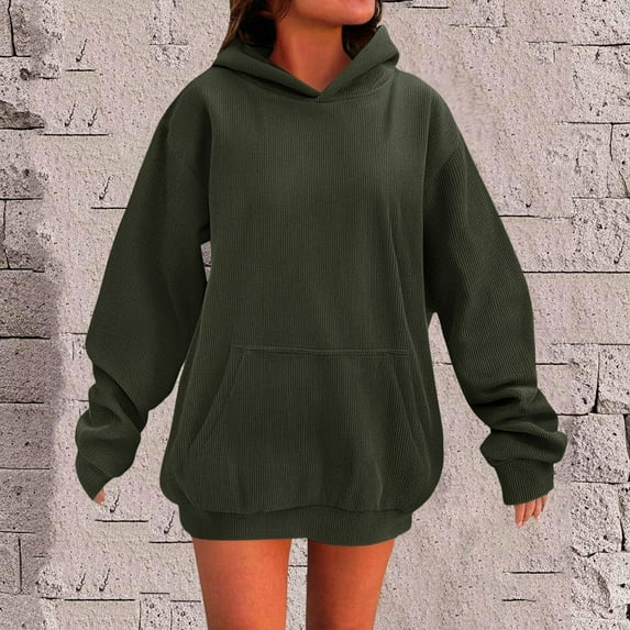Guieoi Sweatshirts for Women Plus Size under $10.00 Women's Solid Color Hooded Long-sleeved Loose Tops Sweatshirts Hooded Sweatshirts Green Black*Friday/Cyber*Monday