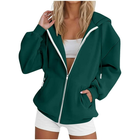 Guieoi Sweatshirts for Women Plus Size under $10.00 Women's Solid Color Pockets Zipper Long Sleeved Regular Top Hooded Sweatshirts Coat Outwear Green Black*Friday/Cyber*Monday