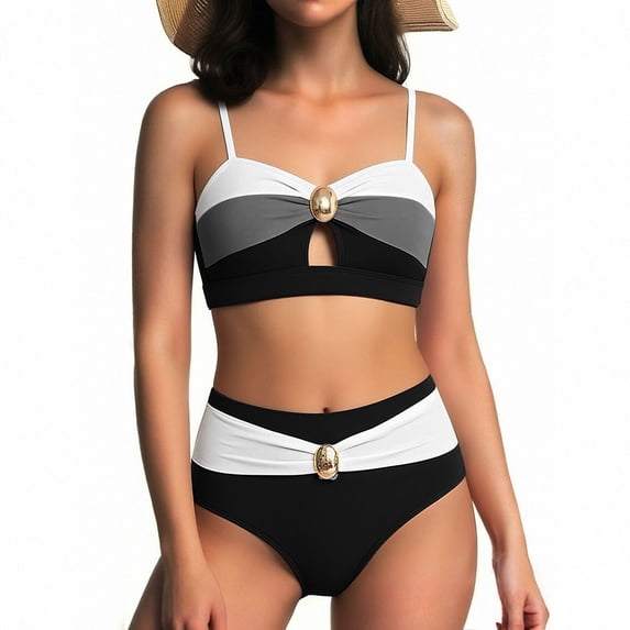 Guieoi Swimsuit Women Bikini 2026 Beach Summer Swimwear Color-Blocked Bikini Set Oval Metal Cutout Swimsuit High-Waisted Two Piece Swimwear Set Black S