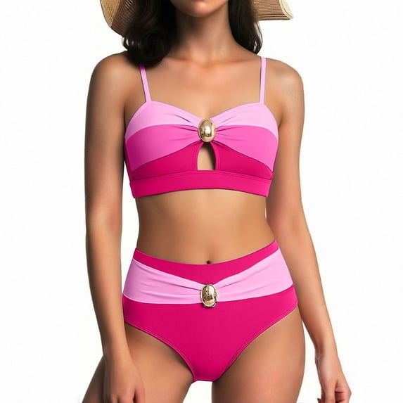Guieoi Swimsuit Women Bikini 2026 Beach Summer Swimwear Color-Blocked Bikini Set Oval Metal Cutout Swimsuit High-Waisted Two Piece Swimwear Set Pink L