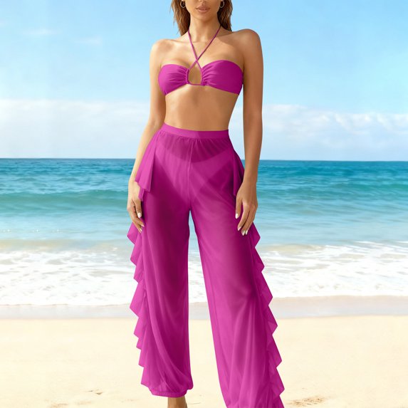 Guieoi Swimsuit Women Plus Size High-Waisted Swimsuit Set Three-Piece Swimwear Set Purple XXL
