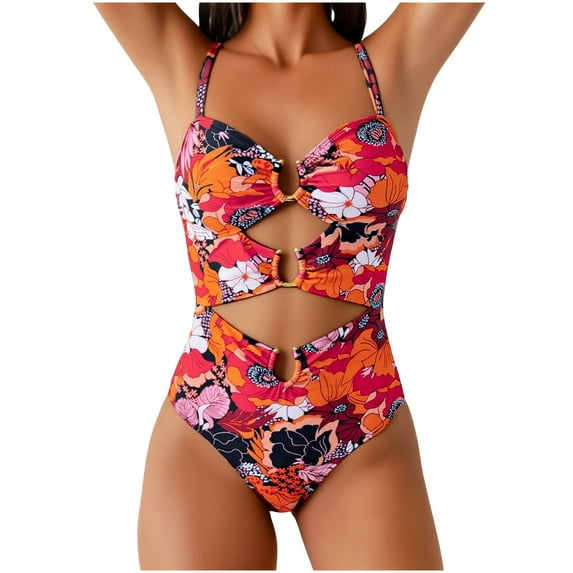 Guieoi Swimsuit Women Plus Size One-Piece Swimsuit with Waist-cinching Buckle, Cutout Sleeveless Color-blocked Swimwear with Built-in Pads Red XL