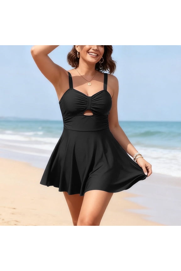 Swimsuit Women Plus Size Solid-Color One-Piece Quick-Dry Plus Size Skirted Bikini Black XXXL