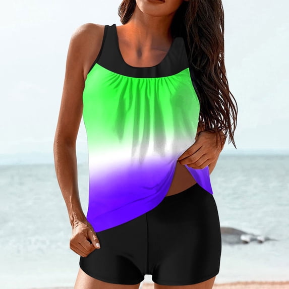Guieoi Swimsuit Women Plus Size Summer Printed High-Waisted Modest Tankini Two-Piece Swimsuit Purple M
