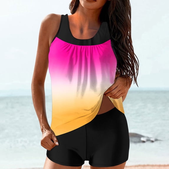 Guieoi Swimsuit Women Plus Size Summer Printed High-Waisted Modest Tankini Two-Piece Swimsuit Yellow XL