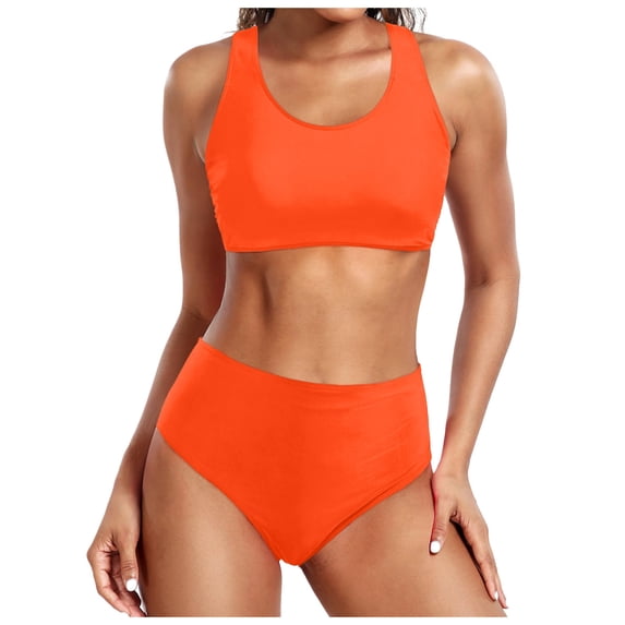 Guieoi Swimsuit Women Plus Size Summer Swimsuit + Swim Trunks Two-Piece Solid Color Bikini Set (With Padded Cups, No Underwire) Orange XL