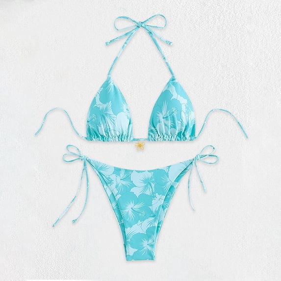Guieoi Swimsuit Women Plus Size Summer Triangle Two Piece High-Waisted Bikini Sexy Swimwear Blue L