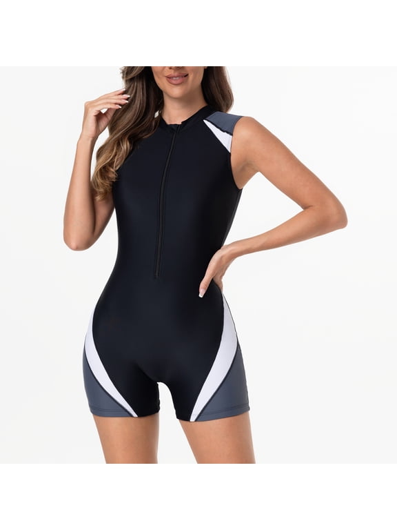 Swimsuits for Women Plus Size Solid Color Blocked Color Zipper Tank Top Surf Suit Zipper Boxer-Style Diving Suit Sports Swimwear One-Piece Swimsuit Gray M