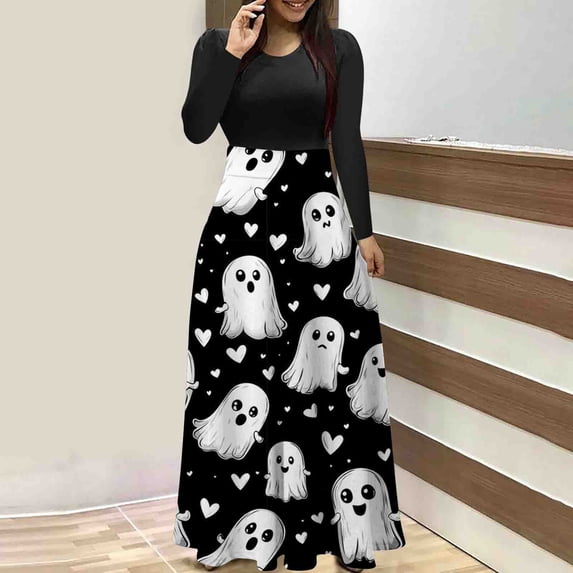 Guieoi Swing Dress for Women Festival Celebrations Round-Neck Patchwork Long-Sleeve Maxi Dresses Black XXL