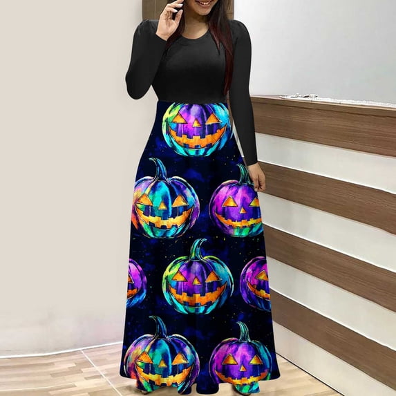Guieoi Swing Dress for Women Festival Celebrations Round-Neck Patchwork Long-Sleeve Maxi Dresses Purple M