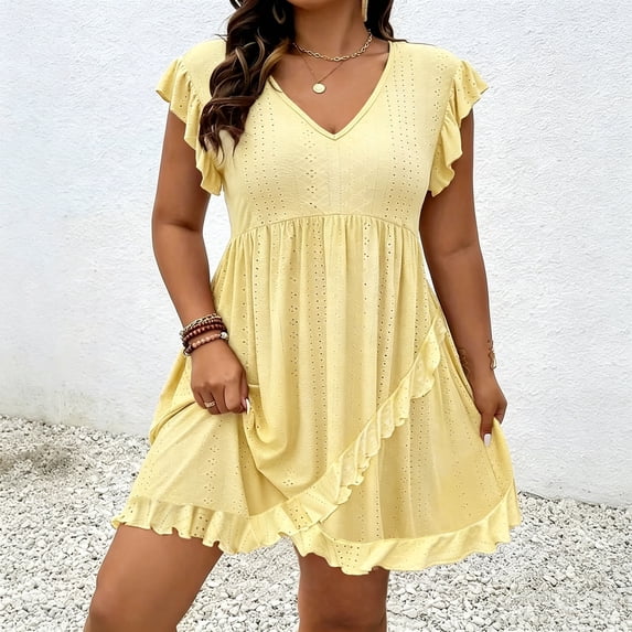 Guieoi Tiered Ruffle Dress Mini Tunic Dress A Line Summer Ruffled-Sleeve V-Neck A-Line Patchwork Flowy Babydoll Dress Sundress Yellow XXL