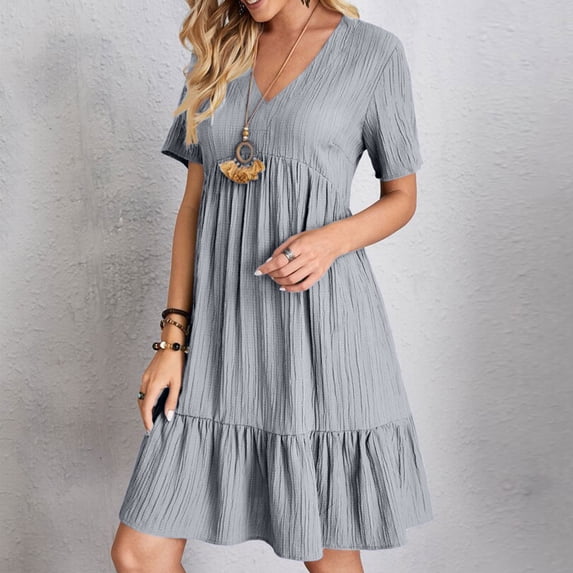 Guieoi Tiered Ruffle Dress Mini Tunic Dress A Line Summer V-Neck Short-Sleeve Flowy Babydoll Dress Sundress Gray XXXL