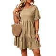 thumbnail image 1 of Guieoi Tiered Ruffle Dress Mini Tunic Dress Plus Size Loose-Fit Round-Neck Ruffled-Sleeve Short-Sleeve Flowy Babydoll Dress Sundress Brown XXXXXL, 1 of 8